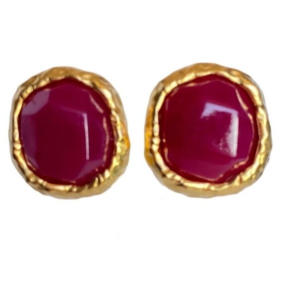 Anne Klein Couture vintage gold tone & magenta chunk maximalist statement earrin - Picture 4 of 5